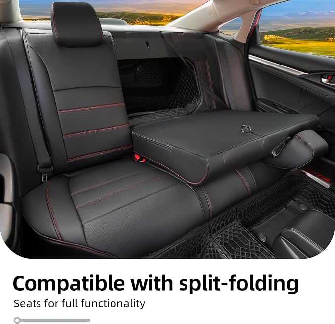 Lolcar Custom Fit Civic Seat Covers for Honda Civic 2016 2017 2018 2019 2020 2021 Hatchback EX,Sport Touring,EX-L - 5-Seats Leather Full Set，Black red line(60/40 Split Seatback) - Image 6