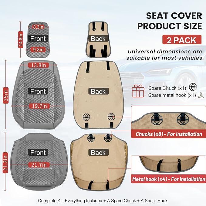 2 Pack Gray Ventilated Cooling Car Seat Covers for Summer | 3D Air Mesh, PU Leather, Breathable, with Storage pocket, Non-slip, Universal Fit for Car Truck SUV, Easy to Install - Image 2