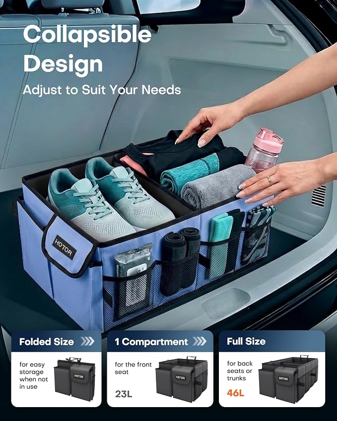 HOTOR Trunk Organizer - Foldable Car Organizer for SUVs & Sedans Storage | Sturdy Car Organization for Men & Women, Car Accessories, Tools, Sundries, Blue, 2 Compartments, 21.3" x 12.6" x 10.6" - Image 5