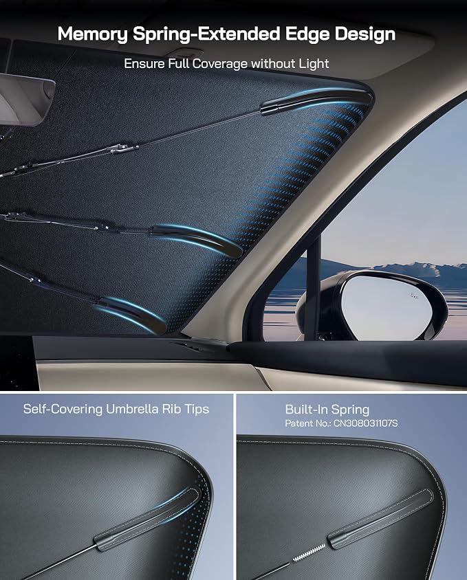 Pigenius Windshield Sun Shade Umbrella for Dodge Ram 2500/3500 2019-2025. Foldable Umbrella Sunshade with Silver Heat Shield to Keep Cool UDS - Image 3