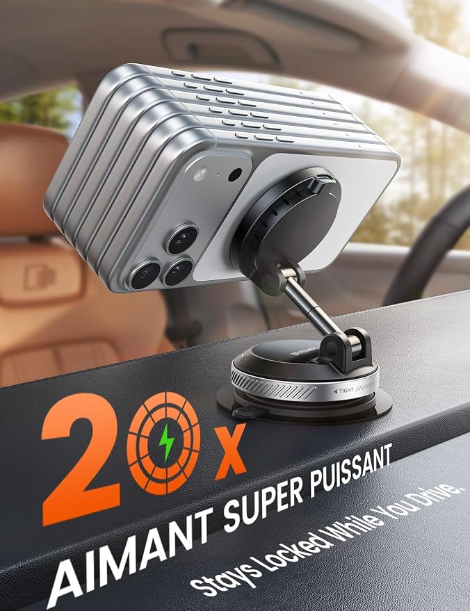 Lamicall 15W for MagSafe Car Mount Charger, 360° Wireless Car Phone Holder | Dual USB-C Ports Magnetic Phone Holder for Car, 70 LBS Vacuum Suction Phone Mount for iPhone 17 16 Pro Max Truck Jeep Silver - Image 5