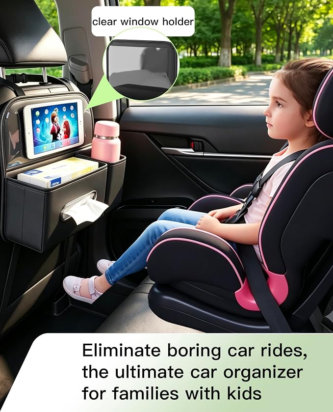 4 in 1 PU leather Backseat Car Organizer with Car Tissue Cup Tablet Holder | Fits180 standard tissue,oversized 4" cup pocket,touch-through tablet window, adjustable straps ,tool-free install - Image 4