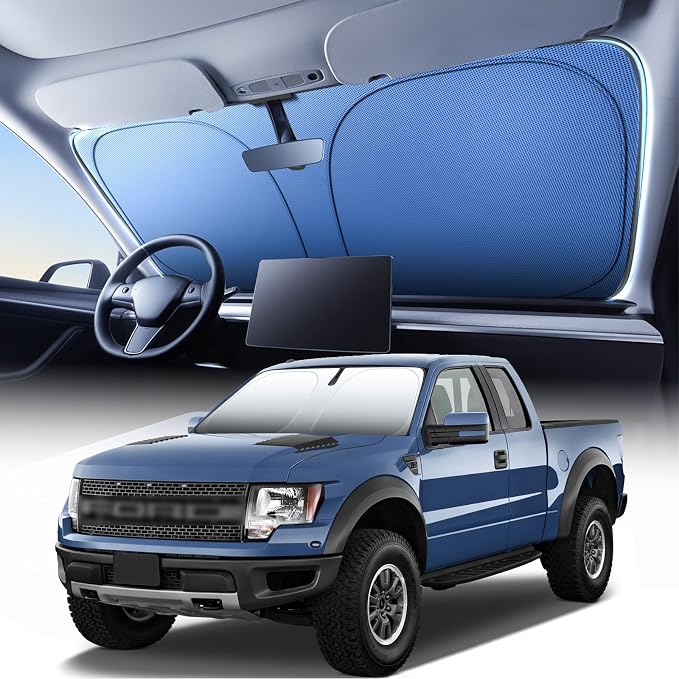 Titanium Silver Windshield Sun Shade for Ford F150 2021-2025 | Ice Blue Reflective Layer, UPF 50+ UV and Heat Blocking, Foldable, Hot-Weather Interior Protection, for Cars, SUVs and Trucks by AUTOWOEL