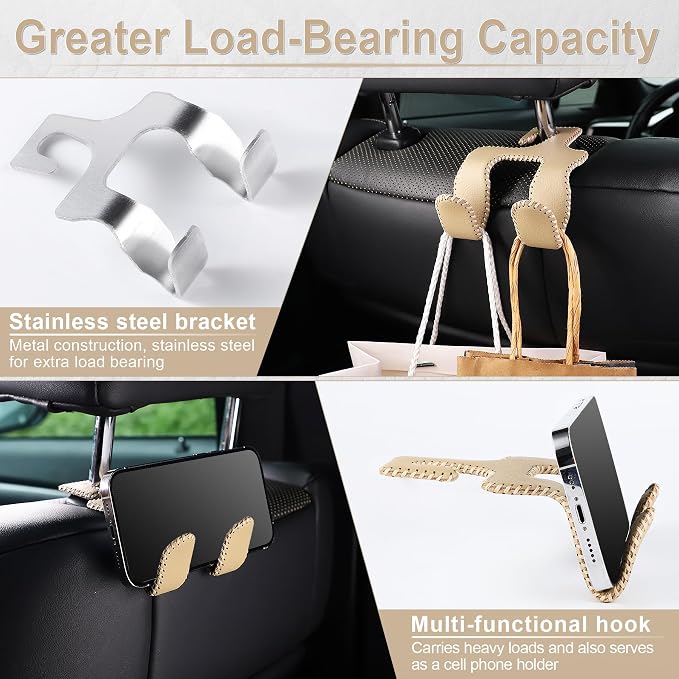 LivTee Upgraded Superior Leather Car Seat Back Headrest Hook, 2 in 1 Auto Seat Hook Hangers Holder Organization Interior Accessories for Purses Coats Umbrellas Grocery Bags Handbag (Beige) - Image 4
