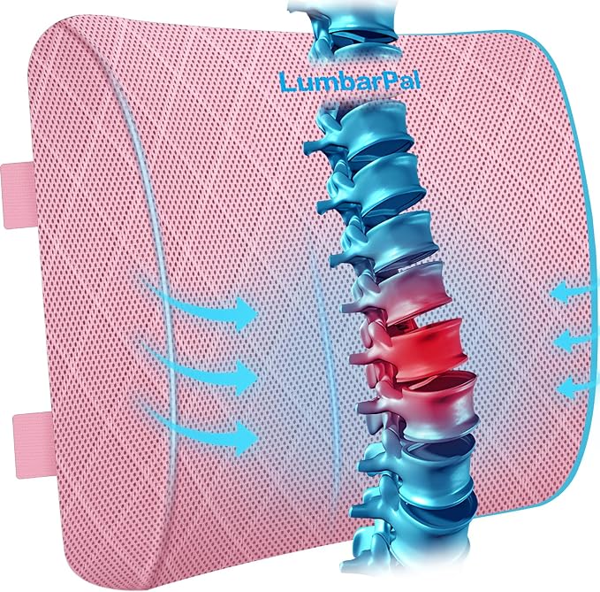 Lumbar Support Pillow for Office Chair, Back Support, Memory Foam, Pink | Improve Sitting Posture & Back Pain Relief. Lumbar Pillow Fits Office, Gaming & Car Chairs with Adjustable Dual Straps by TushGuardSeatCushonsPillows