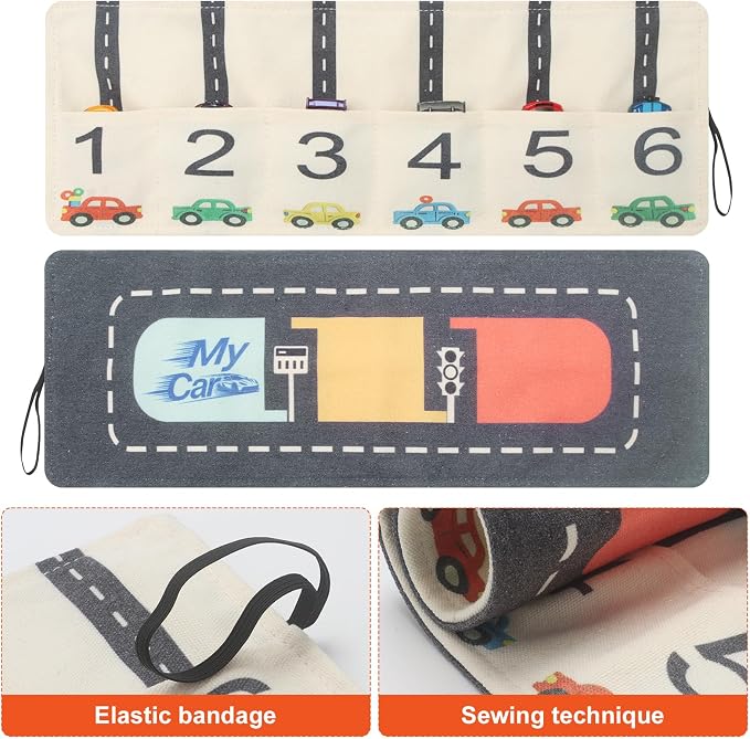 Portable Toy Car Storage Roll and Playmat - Travel Car Carrier Organizer Case for 6 Small Cars - Compatible with Hot Wheels & Matchbox, Toddler Quiet Play Activity Mat for Airplane - Image 7
