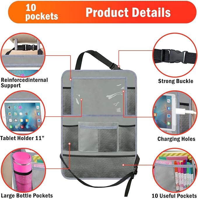Car Backseat Organizer ，2 Pack Car Organizer Back Seat with 11" Tablet Holder, 10 Storage Pockets Seat Back Protectors Kick Mats for Kids Toddlers, Travel Accessories (Grey) - Image 6