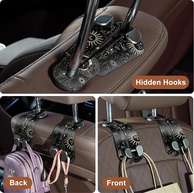CoBak Purse Hook for Car - Universal Premium Stitched Leather and Aluminum-Magnesium Alloy Double Car Seat Back Storage Hook for Purses, Handbags, Bags (2 Pack),Star Mark - Image 4