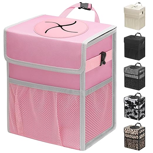 Capolo Car Trash Can with Lid, Leakproof Car Garbage Can Car Trash Bag | Waterproof, Trash Can for Car, 3 Mesh Pockets, Mini Hanging Vehicle Car Trash Bin, for Back/Front Seat (Pink,3 Gal) by Capolo