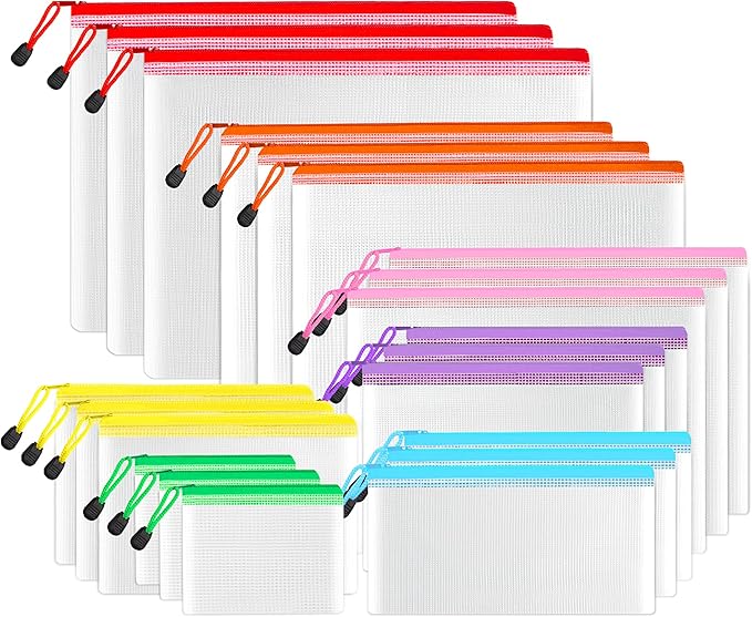 SUNEE Multisize Mesh Zipper Pouches (7 Colors, 21 Packs), Water-Resistant Zip Bag for School Office Supplies, Puzzles & Games Organizing Storage by SUNEE