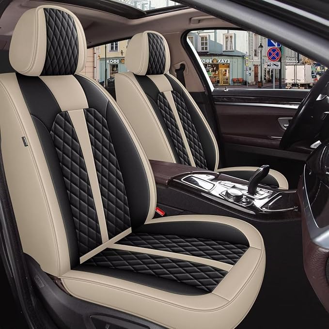 IKABEVEM Car Seat Covers Fit for Infiniti M37 2007-2013 Full Set | Waterproof Faux Leather, Airbag Compatible, Easy to Install & Wipe Car Seat Protector,5 Seats Covers Fit for , Beige&Black by IKABEVEM