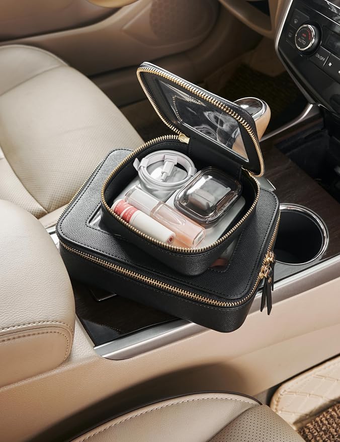 Small Clear Makeup Bag for Purse, Travel Cosmetic Case, Black, Mini | Waterproof PU Leather, Transparent Square Make Up Pouch with Zipper, Tiny Toiletry Organizer Bag for Women Car Essentials Bag - Image 4