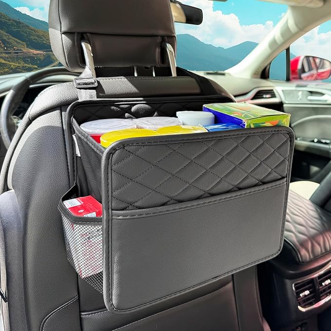 Witaxima Upgraded Extra Large Car Seat Organizer Backseat with 3 Storage Pockets, Multipurpose Car Organizer Hanging Car Trash Bag Can Premium PU Leather Garbage Can 3 Gallon Large Capacity, Black. by Witaxima