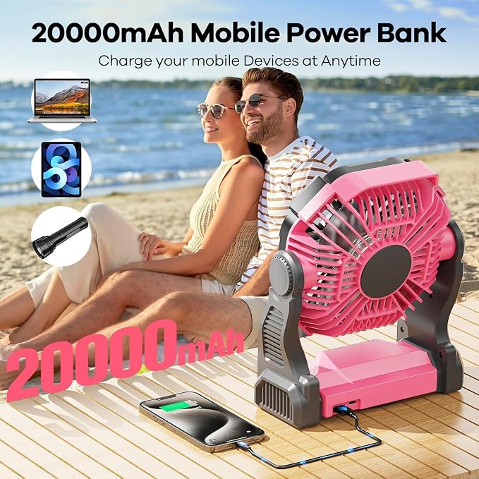 DOWILLDO 30000mAh Portable Battery Powered Camping Fan - with LED Light, Quiet Battery Operated, Camping Gear for Travel, Tent, Beach, Car or Hurricane Power Outages, Pink - Image 7