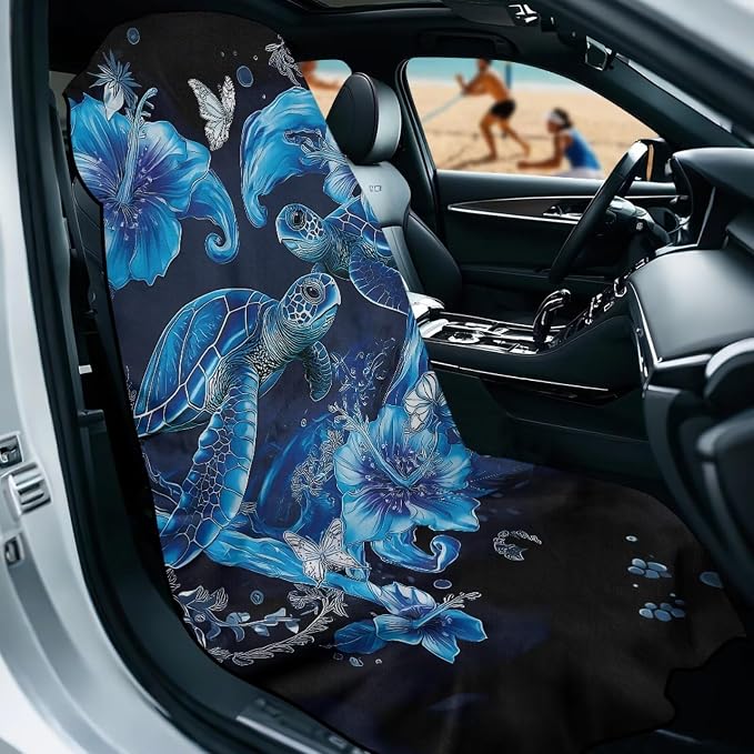 Ocean Sea Turtle Car Seat Cover Sweat Car Seat Towel Cover After Gym with Storage Bag Sea Turtle Flower Auto Front Seat Protector Universal Non Slip Waterproof Sweat Towel Protector - Image 2