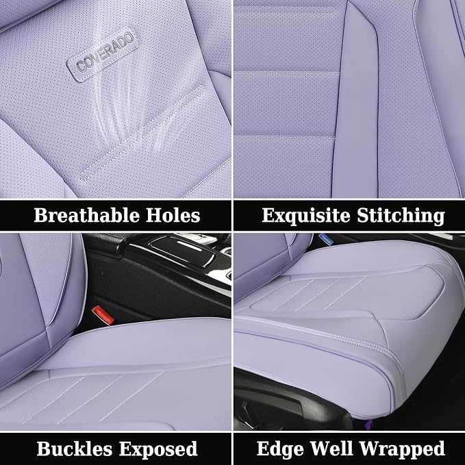 Coverado Car Seat Covers Full Set, Nappa Leather Seat Covers for Cars, Car Seat Protector Car Seat Cushion, Front and Back Seat Protectors Cushions Universal Fit for Most Cars Vehicles(Purple) - Image 7