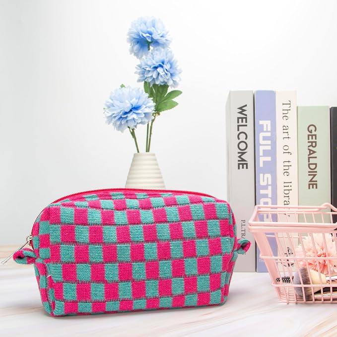 Checkered Makeup Bag for Purse, Small Travel Cosmetic Pouch,Magenta Green | Cute Zipper Makeup Organizer for Women, Travel Essentials, Toiletries, Makeup Brushes, Beauty Accessories&Bridesmaid Gifts - Image 5