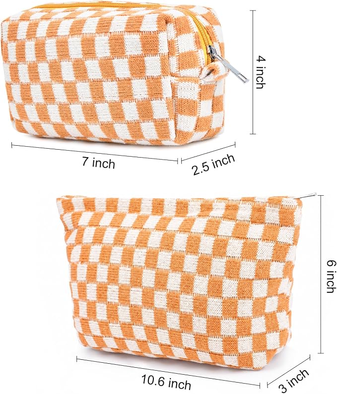 SOIDRAM 2 Pieces Makeup Bag Large Checkered Cosmetic Bag Capacity Canvas Mix Travel Toiletry Bag Organizer Cute Makeup Brushes Aesthetic Accessories Storage Bag for Women, Yellow checkered - Image 4