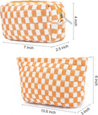 SOIDRAM 2 Pieces Makeup Bag Large Checkered Cosmetic Bag Capacity Canvas Mix Travel Toiletry Bag Organizer Cute Makeup Brushes Aesthetic Accessories Storage Bag for Women, Yellow checkered - Image 4