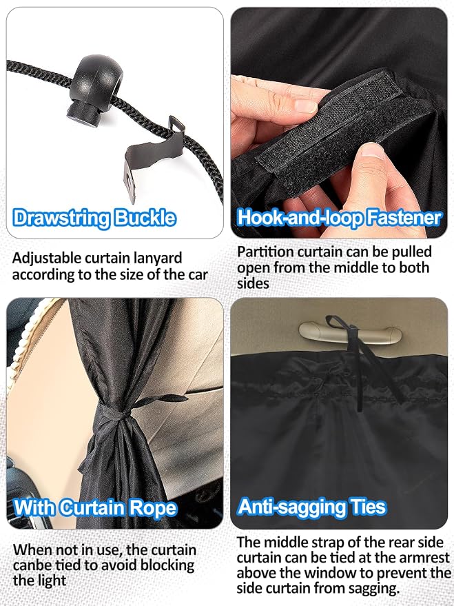 PAMASE Set of 3 Car Privacy Curtain, 95% Light Blocking | Covers Rear Seat & Side Windows, Fits Sedans & SUVs, for Travel, Camping, Nap or Sleeping, Keeps Cabin Cool and Private - Image 5