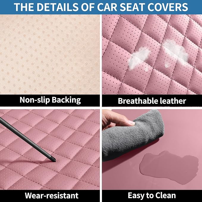Leather Front Seat Covers for Cars Automotive Seat Protectors | Breathable Waterproof Durable Full Surround & Lumbar Support Design Non-Slip Universal Fit for Most Cars SUV Trucks Van Pink - Image 3