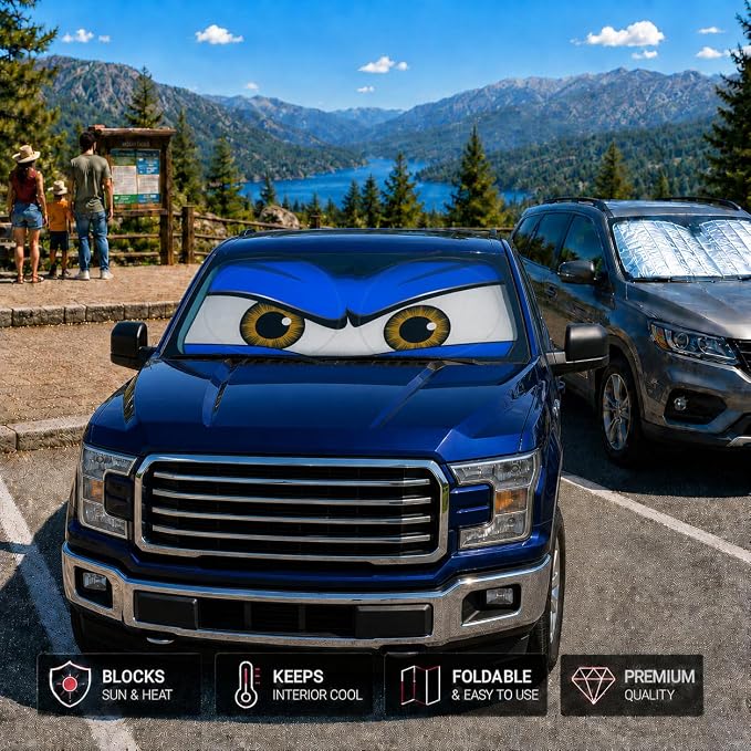 Car Windshield Sun Shade, Universal Fit Full-Size SUV Pickup, Monster Blue | 63 x 33.86" Large Foldable Windshield Cover, Foldable Front Window Sunshade, UV Heat Blocker, Cute Eyes Series - Image 7