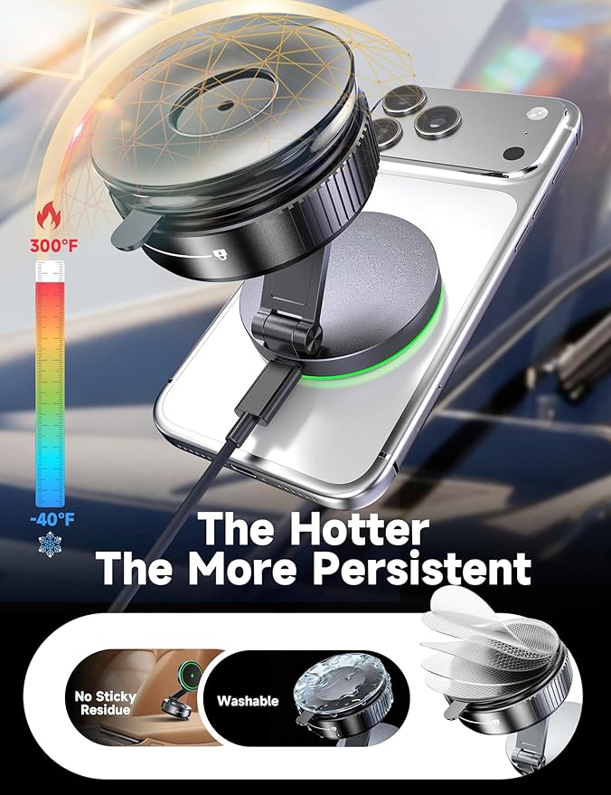 15W Magsafe Car Mount Charger, Faster Charging Wireless Car Charger | [105+LBS Suction & 3800gf Magnetic] Car Phone Holder, 360° Adjustable, Phone Holders for Your Car for iPhone & Android - Image 6