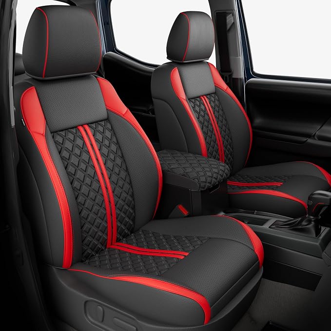 RIDEPOSH Custom Leather Seat Covers for Toyota Tacoma Double Cab 2016-2023 | full set, BKred, OEM fit, premium waterproof leather, anti-slip, extra pockets, long-term durability, airbag compatible by RIDEPOSH