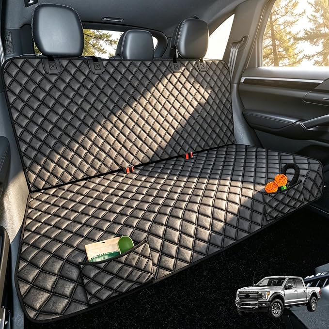 Pet Bench Seat Covers for Crew Cab Trucks,PU Leather Truck Back Seat Cover | Heavy Duty, for F150/Chevrolet Silverado/Ram1500/GMC Sierra/Toyota, Under Child Car Seat, with Storage Pockets, Waterproof by Btefd