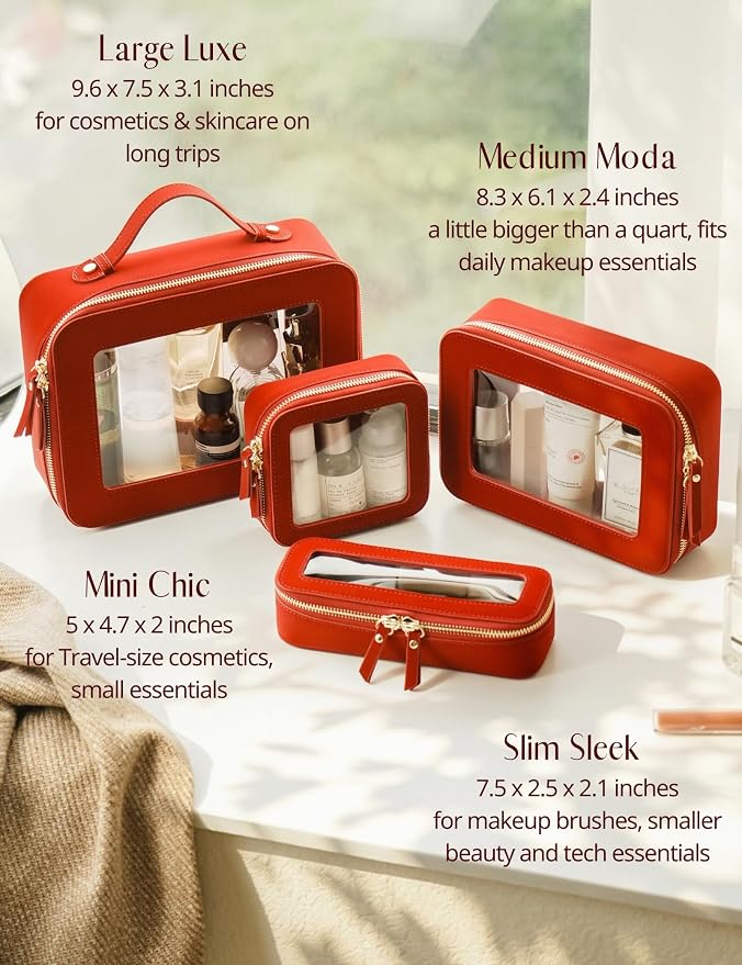 Clear Toiletry Bag 2 Pack, Travel Makeup Bag Medium and Large Red | Structured Clear Cosmetic Case with Zipper, Car Essential Organizer Bag for Women, Waterproof PU Leather, Wide Open Portable - Image 8