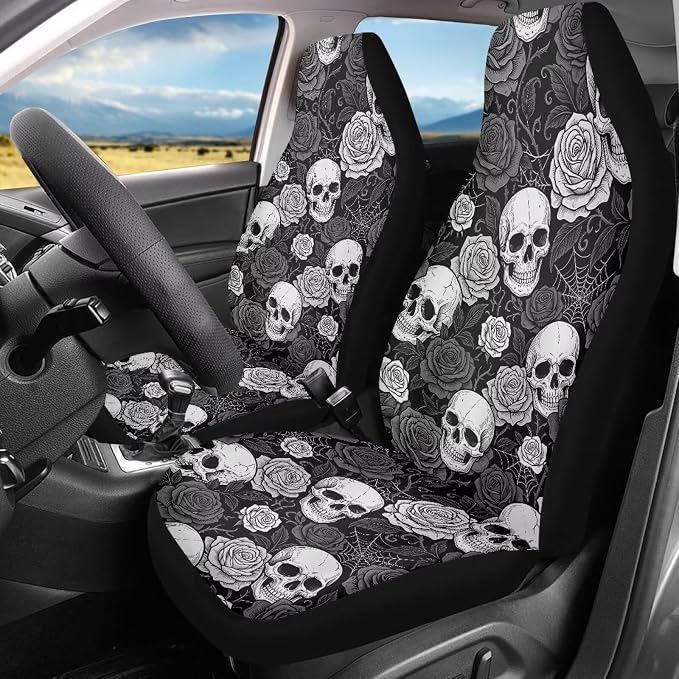 Black White Skull Rose Car Seat Covers Front Seats Bucket Covers | Gothic Halloween Spider Web Automotive Interior Decor Accessories Universal for SUV, Sedan, Van, Truck - Image 2