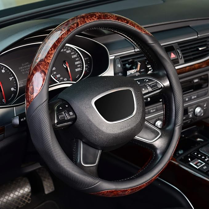 KAFEEK Wood Grain Steering Wheel Cover, Microfiber Leather, 15 Inch | Luxury Mahogany Style, Breathable Perforated Design, Anti-Slip Inner Ring, Odorless by KAFEEK