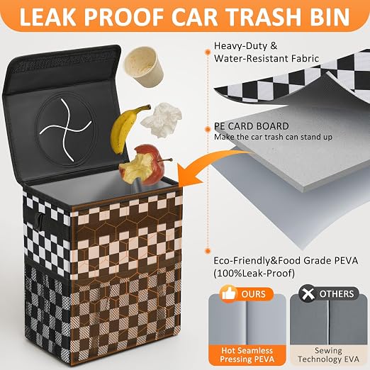 Vankor Car Trash Can with Lid Leak Proof Car Accessories for Women | 3 Gallon Cute Hanging Car Trash Bin for Men Car Truck Auto Interior Automotive Garbage Cans, Black White Checkered - Image 3