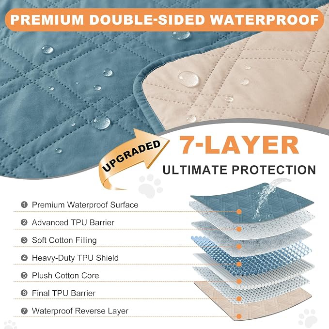 100% Waterproof Washable Dog Blanket，Gray Blue+Apricot， 68"x82" | ,7-Layer Reversible Couch Covers for Dogs Met for Sofa Furniture Car Camping - Image 2