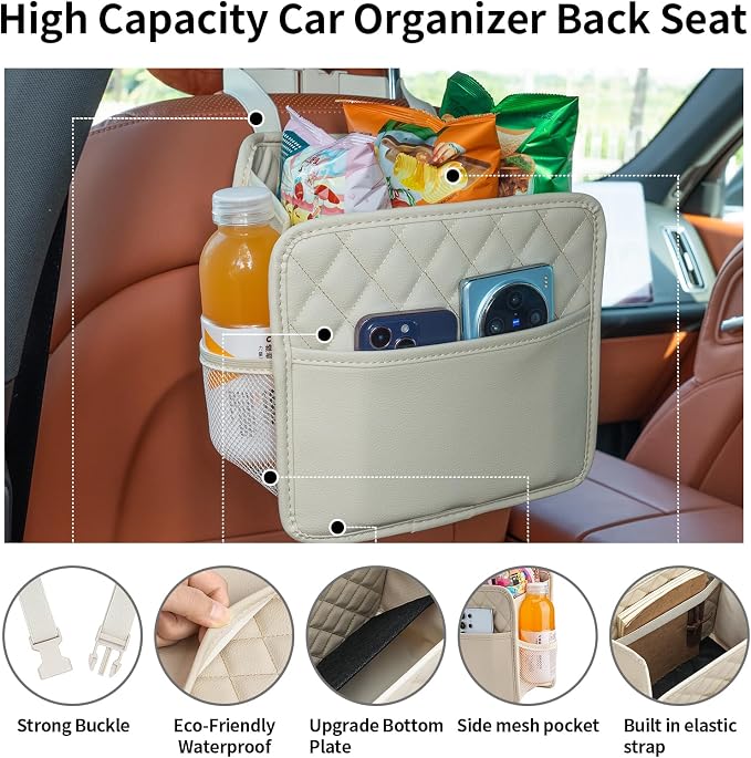FrgKbTm 2Pack Car Seat Back Hanging Bag Car Document Holder Multi-Pocket Bottle Bag Storage Box Organizer Travel Tidy Pouch Pocket Kids Beige - Image 3