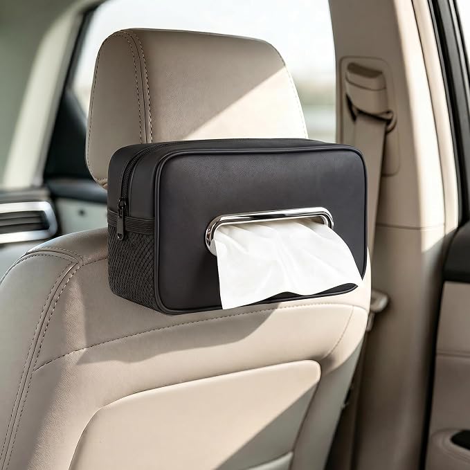 2PC Car Tissue Box Holder PU Leather Car Organizer with Side Storage Pocket | Tissue Box Cover, Fits 120-160 Standard Rectangular Tissue Boxes, Large Capacity Backseat Tissue Organizer for Car SUV Truck by Joysuga