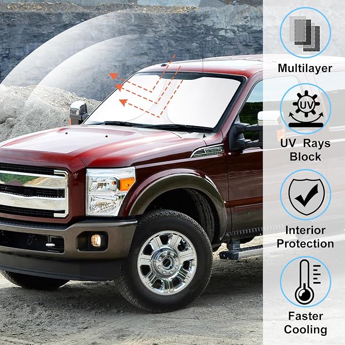Windshield Sun Shade for 2008-2016 Ford F250 F350 Super Duty | Full covered for windshield, Foldable & Durable, Block UV Rays, Reduce Heat, Easy to install, Keep Car Cooler - Image 2