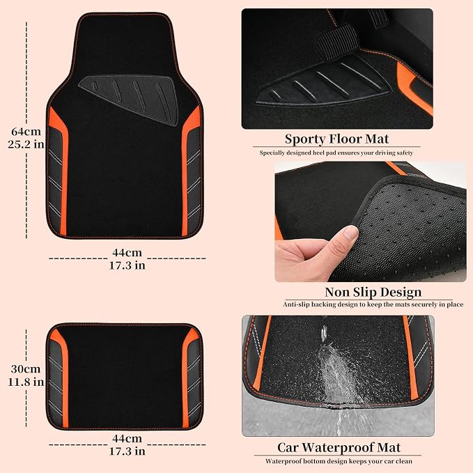 CAR PASS Leather Steering Wheel Cover and Waterproof Car Floor Mats,Microfiber Universal Car Combo Fit for 95% Sedan SUV Van Truck,14.5-15inch Sporty Anti-Slip Safety Comfortable Design, Black＆Orange - Image 4