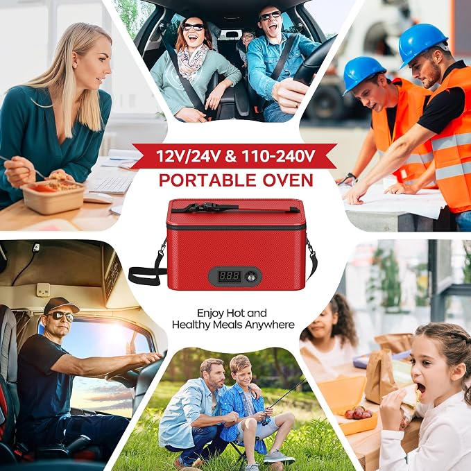 Portable Oven, 12V 24V 110V-240V Car Food Warmer Portable Personal Mini Oven Electric Heated Lunch Box for Meals Reheating & Raw Food Cooking for Road Trip/Camping/Picnic/Family Gathering(Red) - Image 6