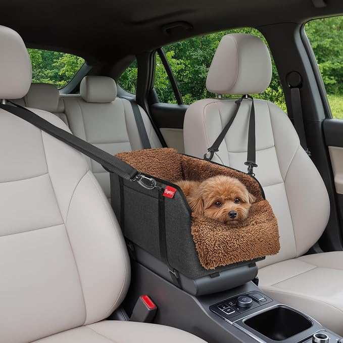 BurgeonNest Center Console Dog Car Seat for Small Pets to 11lbs, Brown | Anti-collapse armrest Console seat with washable fluffy cushion, pillow & tether for stable, cozy pet travel trips. by Lifelongfriendsbelovedfamily