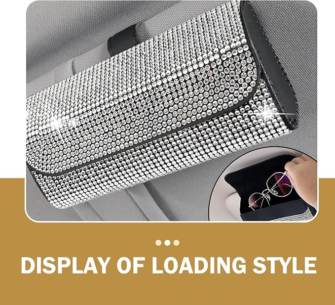 Bling Sunglasses Holder for Car Sun Visor, Rhinestone Auto Eyeglasses Mount Clip Organizer, Leather Sunvisor Sunglasses Storage Case, Universal Glasses Holder Clips for SUV, Sedan, Van (White) - Image 6