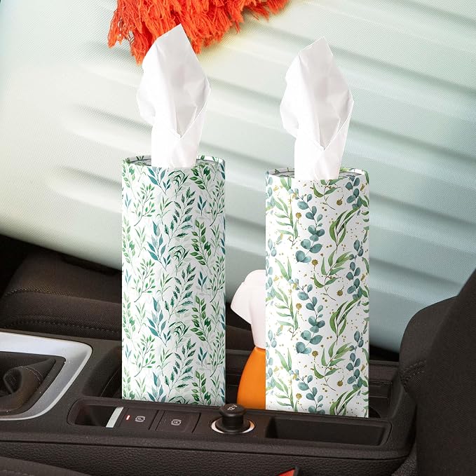 Car Tissue Holder with Facial Tissues, Botanical Leaf Print, Cylindrical Design,4Pack - Image 3
