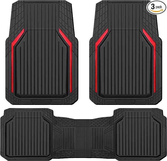 CAR PASS Heavy Duty Rubber Floor Mats for Car, Waterproof Liner Deep Dish Car Mats Full Sets, Universal Trim to Fit for SUV Truck Sedans Vans, All Weather Automotive Floor Mats 3pcs, Black Red by CARPASS