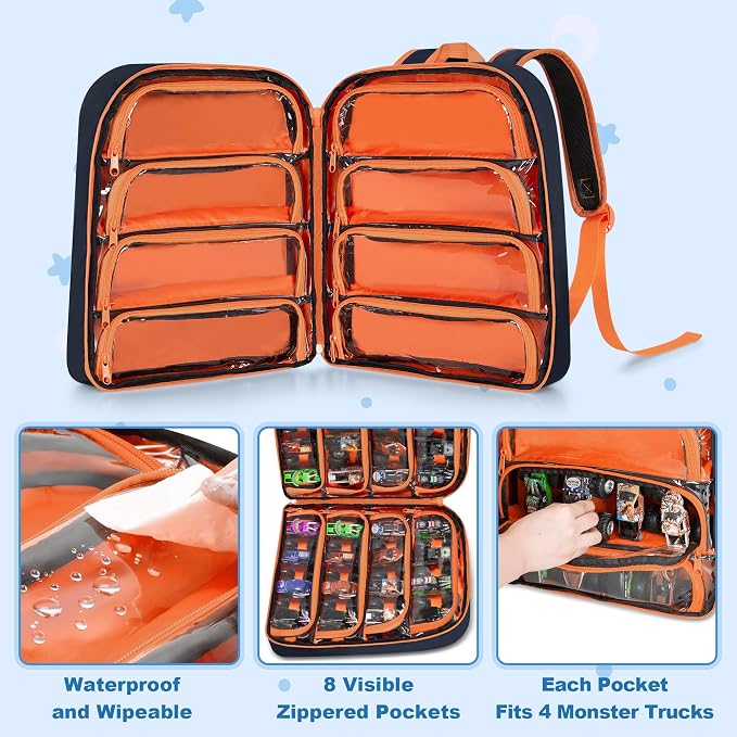 CURMIO Toy Cars Backpack Compatible with Monster Jam Trucks Up to 37pcs | Truck Carrying Case for 1:64 Scale Toy Cars, with 8 Transparent Pockets and Front Pocket, Home Use & Travel, Empty Bag - Image 2