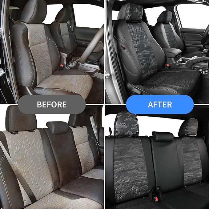 EKR Tacoma Seat Covers Custom Fit for Toyota Tacoma 2016 2017 2018 2019 2020 2021 2022 2023 Double Cab/Crew Cab -Truck Seat Covers for Car Full Set,Faux Leather(Black/Gray Camo A122) - Image 2