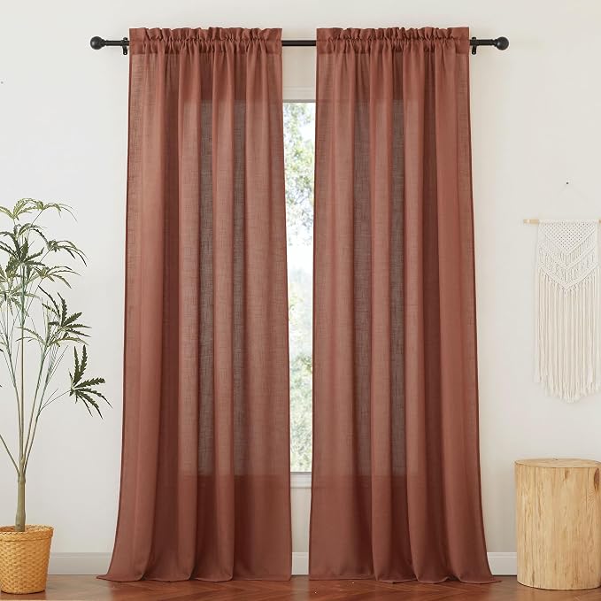 RYB HOME Linen Curtains 95 inches Long for Sliding Door Living Room | Fall Decor, Airy Breathable Absorbent, Light Filter, Half Privacy Protect, Doorway Nursery, Terracotta, W52 x L95, 2 Panels by RYBHOME