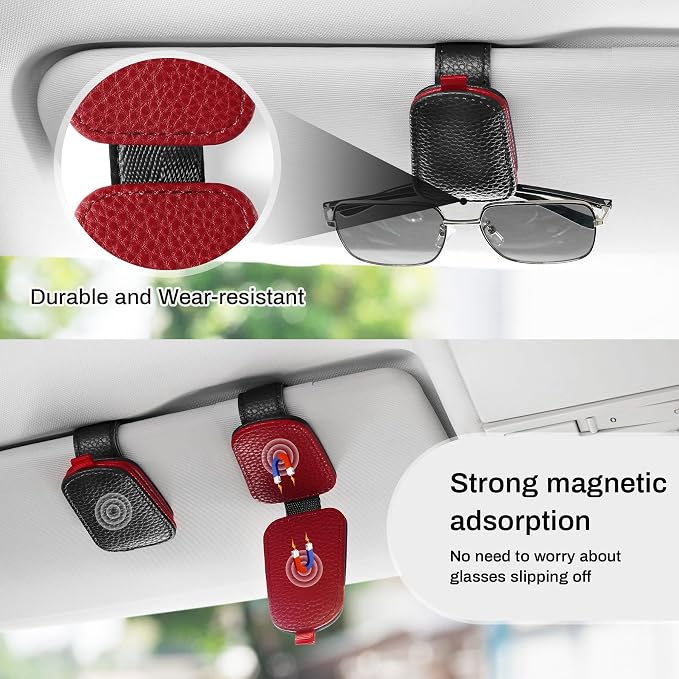 SINGARO Sunglasses Holder for Car, Leather Magnetic Buckle Sun Visor Sunglass Clip, Ticket Card Storage Glasses Clip, Car Interior Accessories for Men and Women（2PCS Black-red） - Image 7