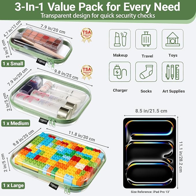YQBRAO Clear Hard Shell Organizer Cases, 3-Pack, Green | Large, medium & small rigid PET organizers for home, travel, crafts and everyday organization - Image 4