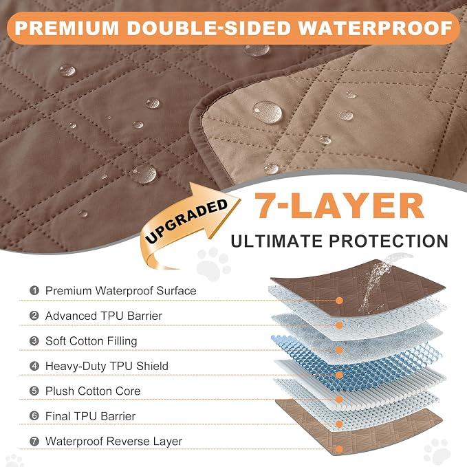 100% Waterproof Washable Dog Blanket, Dark Brown+Taupe, 52"x82" | 7-Layer Reversible Couch Covers for Dogs Met for Sofa Furniture Car Camping - Image 2