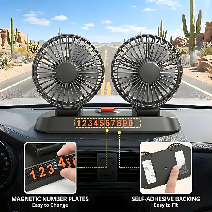 5V Dual Head Car Fan, Portable Vehicle Cooling Fan with 2 Speeds, 360° Rotatable Adjustable Dashboard Air Circulator for SUV, RV, Truck, Sedan, Cruise, Cigarette Lighter Powered USB Fan - Image 7